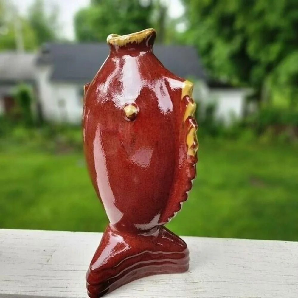 Vintage Pottery Nautical Fish Shaped Vase‎ Terracotta 13.5in Tall